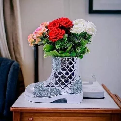 Silver Crushed Diamond Shoes Flower Vase Ornament Glamour Look For Your Home