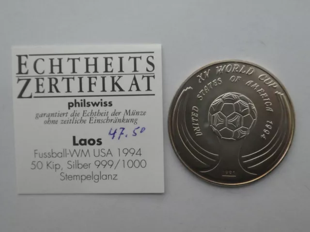 Laos, 50 Kip, Fußball WM, 1991, Silber, original, Stempelglanz