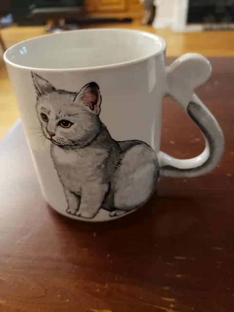 Gray Tabby Cat Porcelain Japan Coffee Mug Cup with Tail for Handle - Cute! 2
