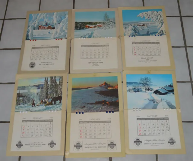 6 Vintage Calendars 1959-1969 Frydenlund's Brewery Oslo Norway Norwegian Beer