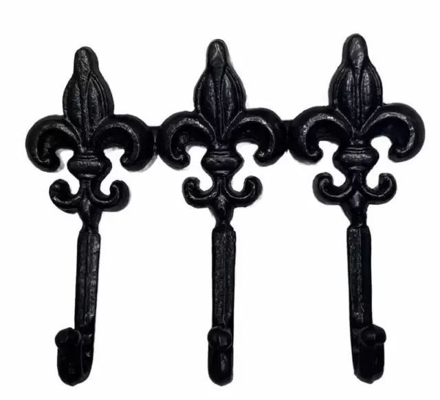 Coat Hook Fleur Design Cast Iron Wall 3 Hooks Hand Crafted