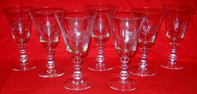 SET OF ~ 7 FOSTORIA ROSE Gray Cut 827 WATER GOBLETS Stemware ELEGANT GLASS 6.75"