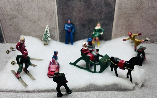 Vintage Lead Barclay Figures / Winter Skaters, Skiers, Horse Drawn Sleigh, Sled Vintage Lead Barclay Figures / Winter Skaters, Skiers, Horse Drawn Sleigh, Sled