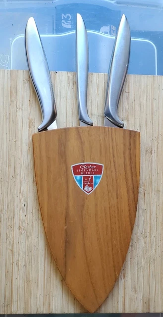 VINTAGE Gerber Legendary Blades 3pc. Knife Set w/walnut Wall Mount