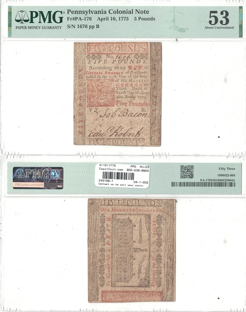 4/10/1775 5 Pounds PA PMG About Uncirculated-53
