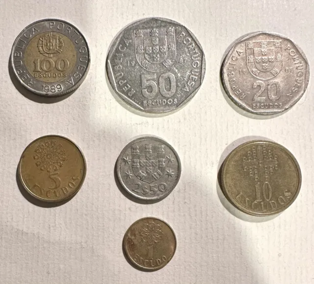 7 Portuguese Coins - 1 / 2.5 / 5 / 10 / 20 / 50 /100 Escudos (1977-91) Portugal