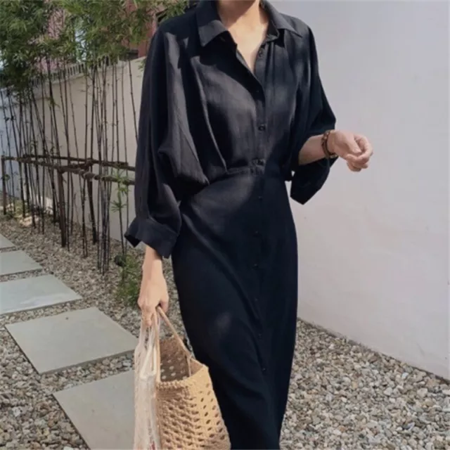 Femme Lin Coton Robe Midi Long Chemisier Ceinture Bouton Décontracté Robe Été