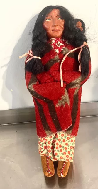 Vintage 40s Skookum Bully Native American Doll 11" w Papoose Left Looking A1 Con