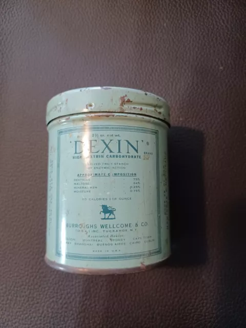 vtg INFANT  DEXIN  Baby Formula Tin Can  2 OZ. BURROUGHS  WELLCOME CO. USA