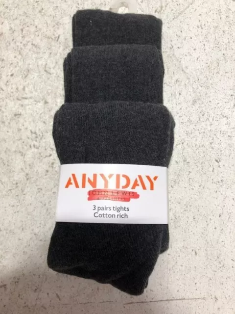 John Lewis ANYDAY Kids' Cotton Rich Tights, Pack of 3, Charcoal Grey, 5-6 YEARS