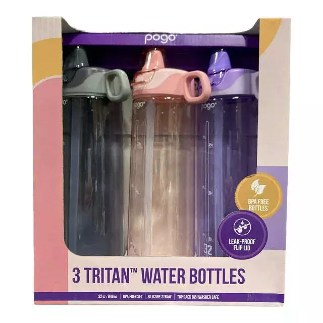 Pogo BPA-Free Tritan Water Bottles with Soft Silicone Straw, 32oz, 3pk (Lilac, P