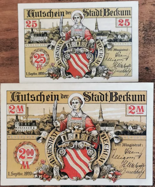 Lot 2 billets Allemagne BECKUM 25 pfennig et 2 Mark 09/1920 - UNC - Mehl 68.2