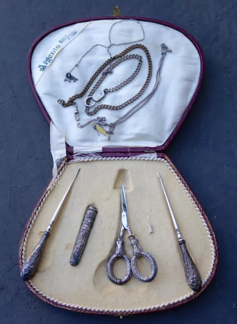 Vintage Silver Argento 800/1000 Sewing Tool Travel Set Kit Scissors Antique Box