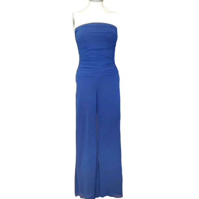 ELANA KATTAN Maxima strapless ruched bodice mesh tulle royal blue jumpsuit Sz XS