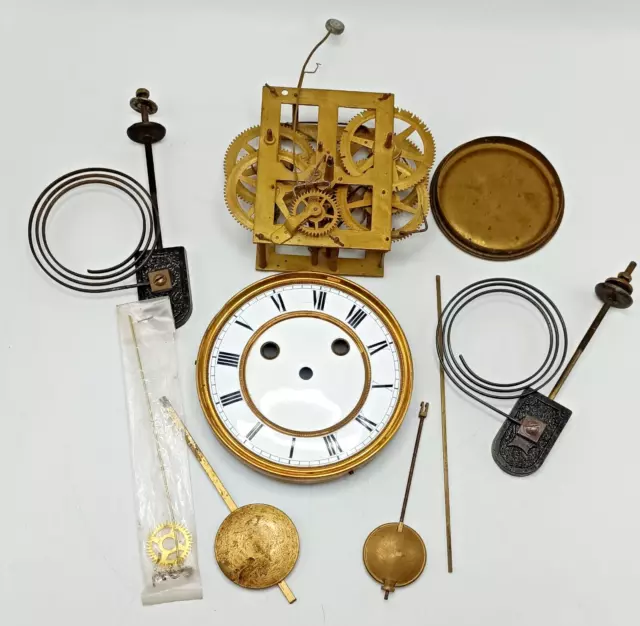 Vintage Clock Makers Parts Enamel Dial. Bobs. Brass Movement. Chimes. Job Lot