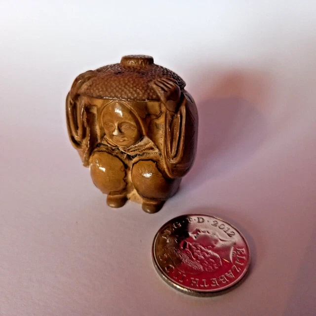 Charming Antique Wooden Netsuke, Of A Rice Man