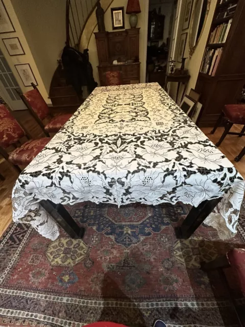 Vintage Madeira ecru linen hand-embroidered and cut work banquet tablecloth