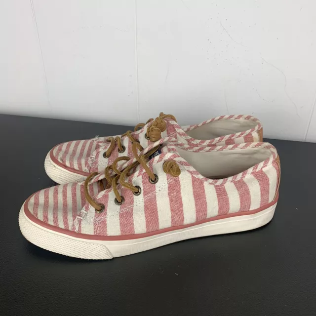 Sperry Boat Shoes Womens 7 Sneakers White Pink Striped Canvas Lace Up