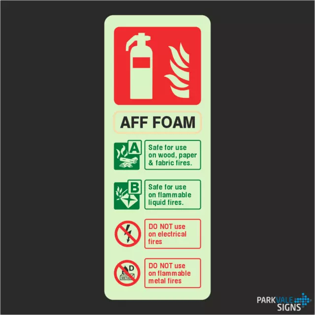 Photoluminescent AFF Foam Fire Extinguisher ID Glow In The Dark Sign