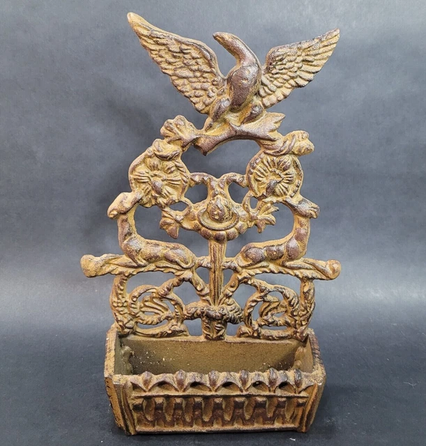 Vintage Art Deco CAST IRON MATCH SAFE HOLDER Wall Mount Greyhound Eagle Flowers