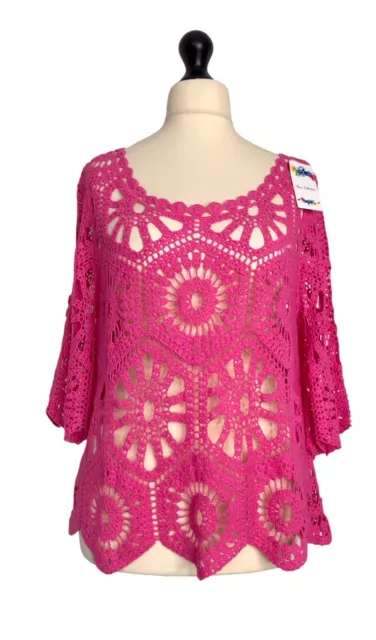 Quirky Lagenlook Pink 100% Cotton Crochet Layering Top - UK Sz 12 14 16