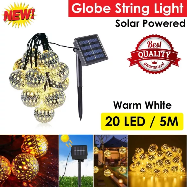 Moroccan Ball Solar LED Globe String Lights Outdoor Garden Fairy Lamp Hanging