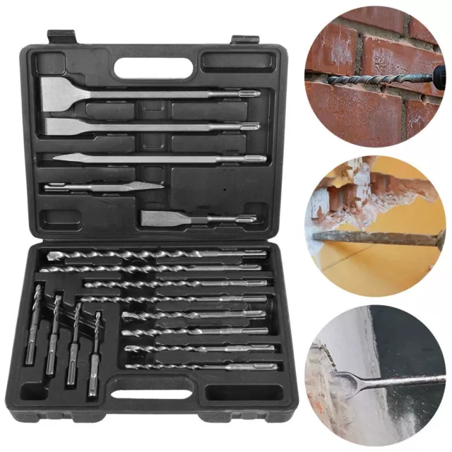 17Pcs SDS Plus Rotary Hammer Drill & Chisel Bit Set Masonry Concrete Tile Brick