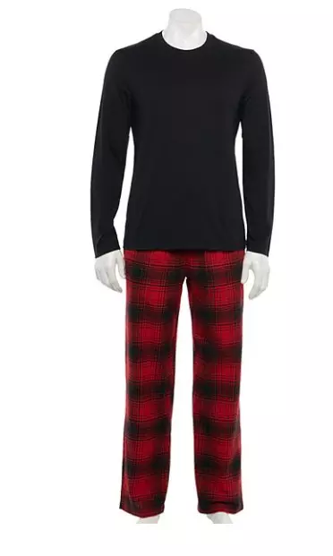 Croft and Barrow Pajama Set Men XL Flannel Lounge Pants LS Tee Shirt Black Red