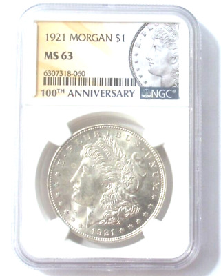 1921 Morgan Silver Dollar, NGC MS63, Lots of Luster,100th Anniversary Holder