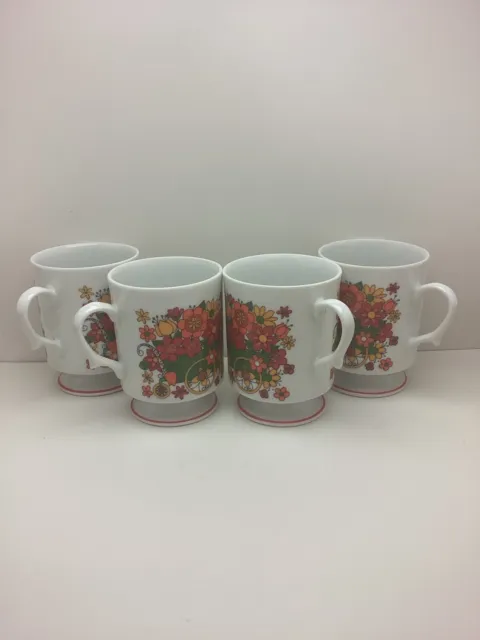 Set of 4 Vintage Retro MCM Orange Floral Flower Cart Pedestal Coffee Cups Mugs