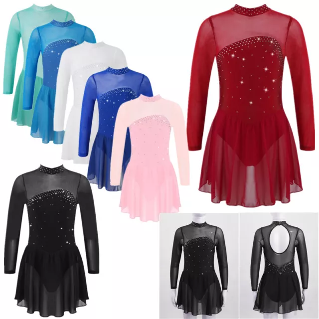 UK Girls Figure Skating Dress Shiny Mesh Long Sleeve Ballet Leotards Dancewear