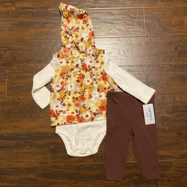 Carter's Baby Girl 9 Months 3-Piece Floral Little Vest Set Orange Yellow Brown