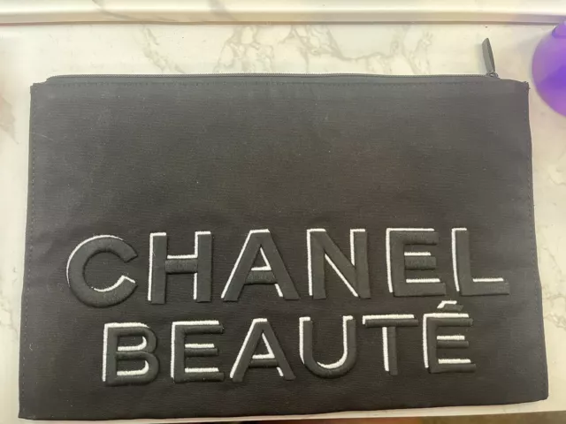 CHANEL BEAUTE MAKE-UP Bag Zip Up Black With Embroider Lettering Newest 2022  $80.00 - PicClick