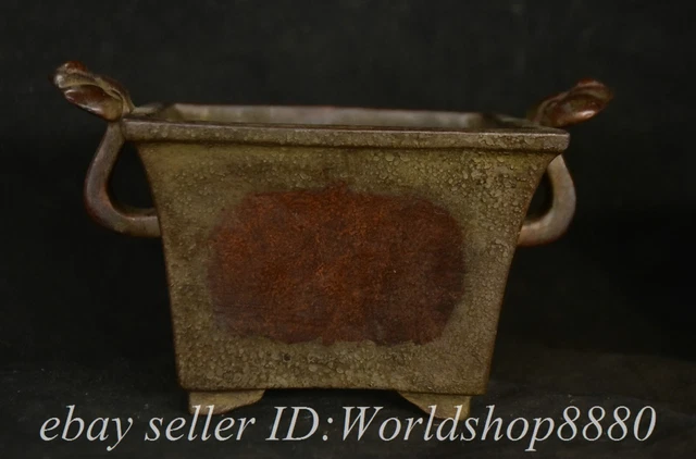 7.6" Xuande Marked Old Chinese Purple Bronze Dynasty Ru yi Ear incense burner