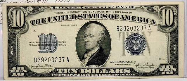 1934 D $10 Ten Dollars Blue Seal Silver Certificate High Grade FR. 1702