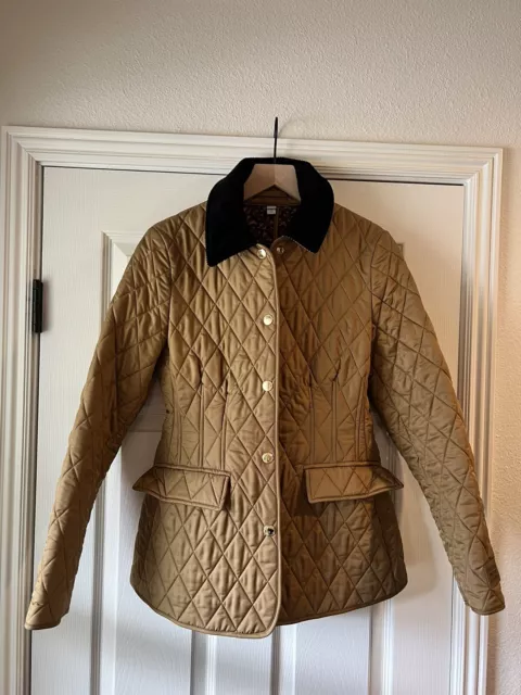 Burberry Women Fitted Diamond Corduroy Collar Quilted Work Barn Jacket Camel