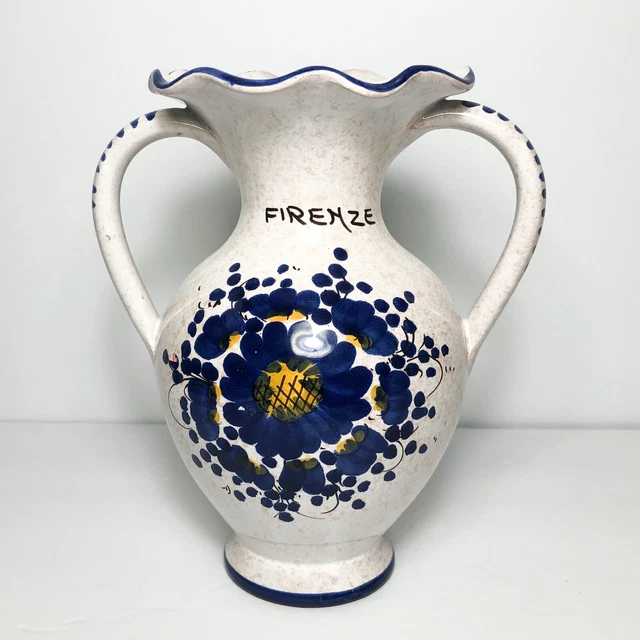 Italian Firenze Pottery Vase Bottle Two Handled Pottery Floral