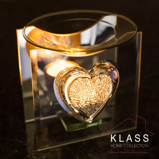 Glass Sparkle Heart Glass Oil Burner Tart Warmer Tea Light Candle Holder Gift