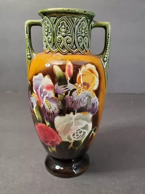 Vintage Art Nouveau Czech Mojalica Art Pottery Iris Rose Floral Ornate 7 in Vase
