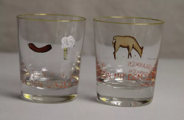 B4/2 Antiguo Pequeño Vasos con Dicho + Caza - Pintado a Mano - Aprox. 7CM S76