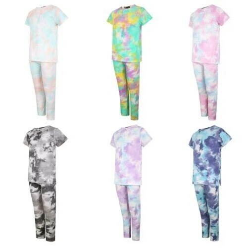 Ragazze Cravatta Tintura T-Shirt Leggings Lunghi Set Riposo Top Fondo Abito 3-1