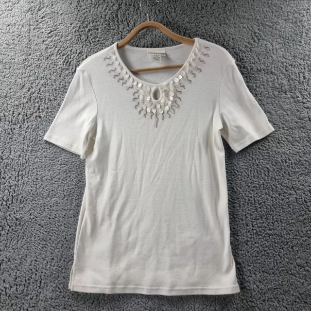 MILLERS Womens Top Size 8 Ivory Stretch Knit Short Sleeve Beaded Round Neck