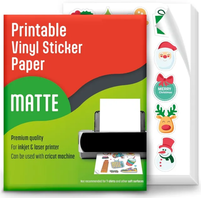 100 Matte 8.5"x11" Printable Vinyl Sticker Paper for Inkjet Laser Waterproof