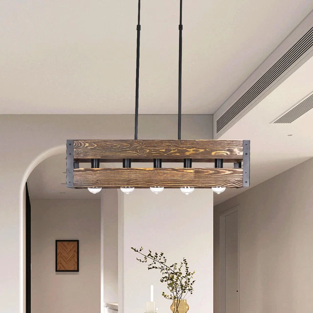 RUSTIC WOOD ISLAND Lighting Kitchen Farmhouse Chandelier Linear 5