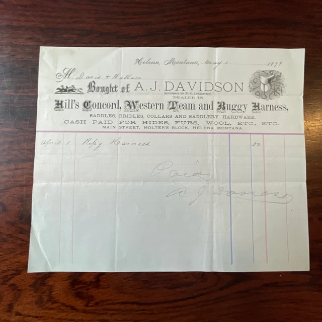 1879 A.J. Davidson Saddle Bridle Awesome Letterhead Helena Montana Territory