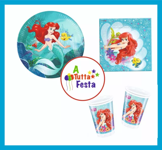 Kit Addobbi Festa Compleanno Ariel Sirenetta X8X16X24X32X40 Person.  Piatti Bic