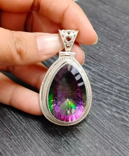 Huge Pear Mystic Topaz Pendant Solid 925 Sterling Silver Jewelry Christmas Gift