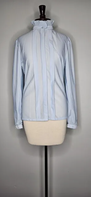 Vintage 1960s 1970s Higbee Co. Powder Blue Button Up Frill  Blouse Size Large