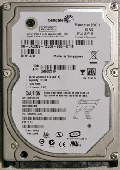 Seagate 80GB 7200.1 RPM ST980825AS 8MB SATA 3.0Gb/s 2.5" Laptop Hard Drive