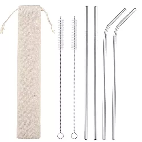 Set Of 4 Reusable Metal Straws Long Stainless Steel Straw With Cleaning Brushes